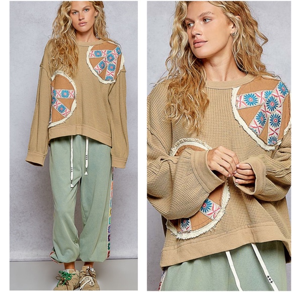 POL Tops - POL tan Floral Embroidered peach patchwork waffle knit Long Sleeve Top